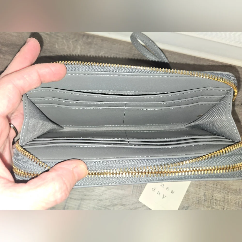 Gray Wrislet Wallet With Strap, 2 Zippered Sections, Card Slots & Coin Storage